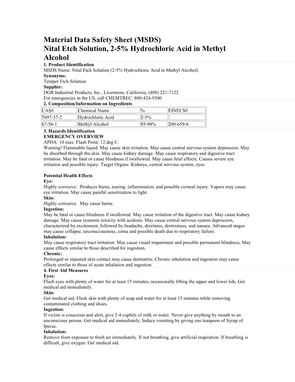 Material Data Safety Sheet (MSDS): METHYL ALCOHOL