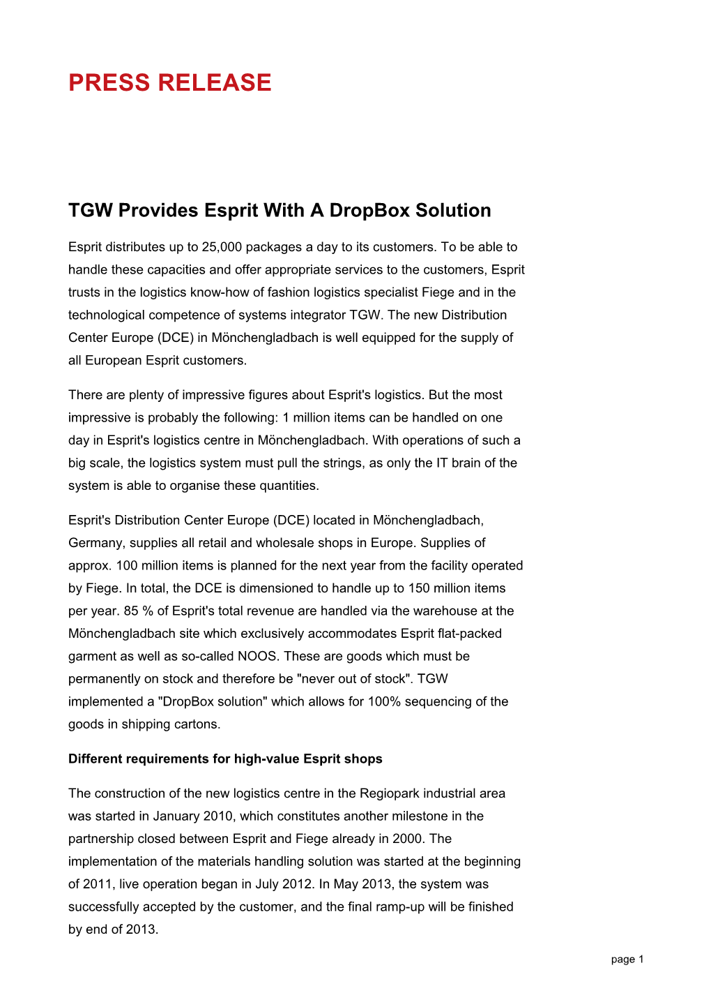 TGW Provides Esprit with a Dropbox Solution