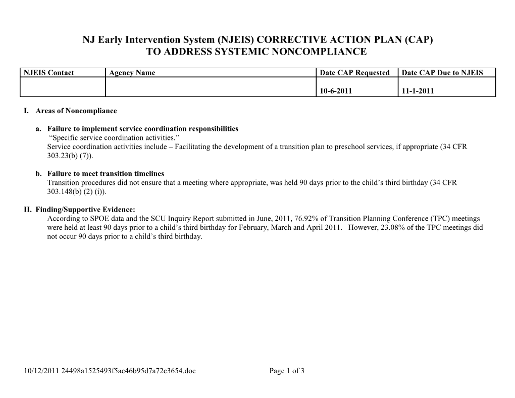 Nj Dhss Eis Corrective Action Plan