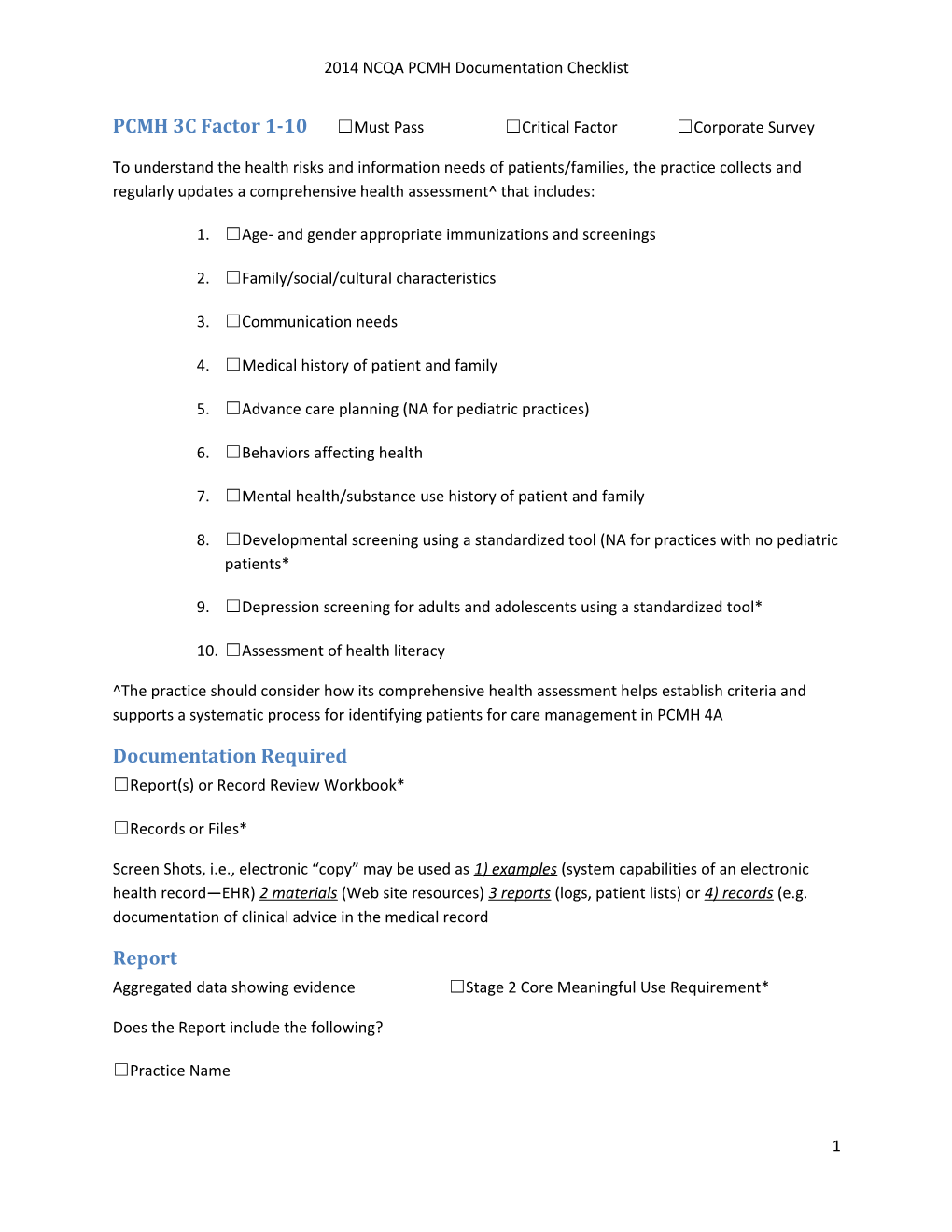 2014 NCQA PCMH Documentation Checklist