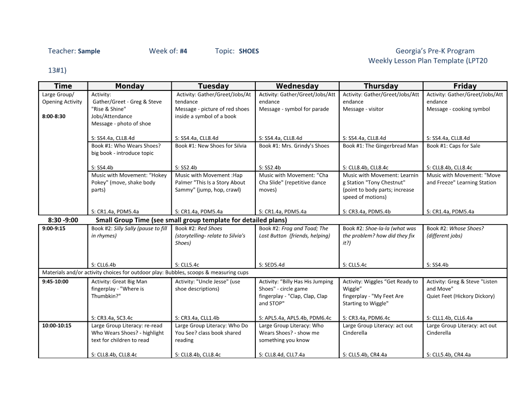 Teacher: Sample Week Of: #4 Topic: SHOES Georgia S Pre-K Program