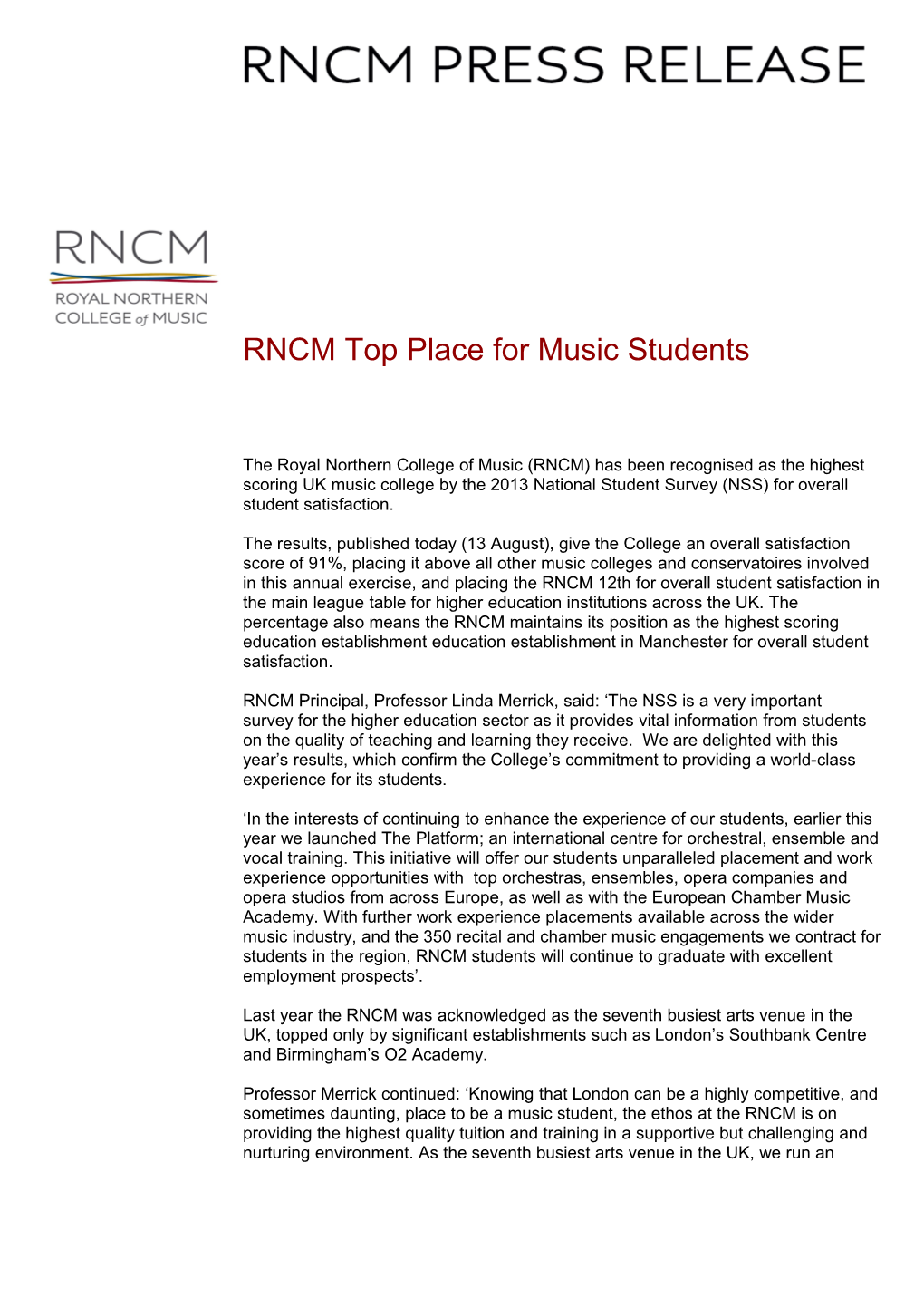 RNCM Top Place for Music Students