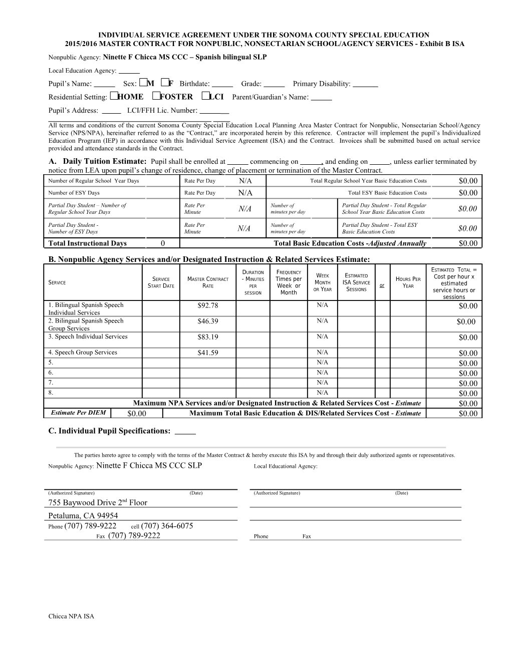 Individual Service Agreementunder Thesonoma County Special Education