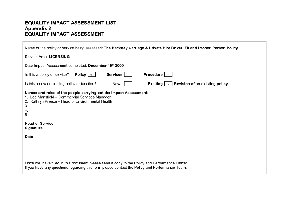 Equality Impact Assessment List