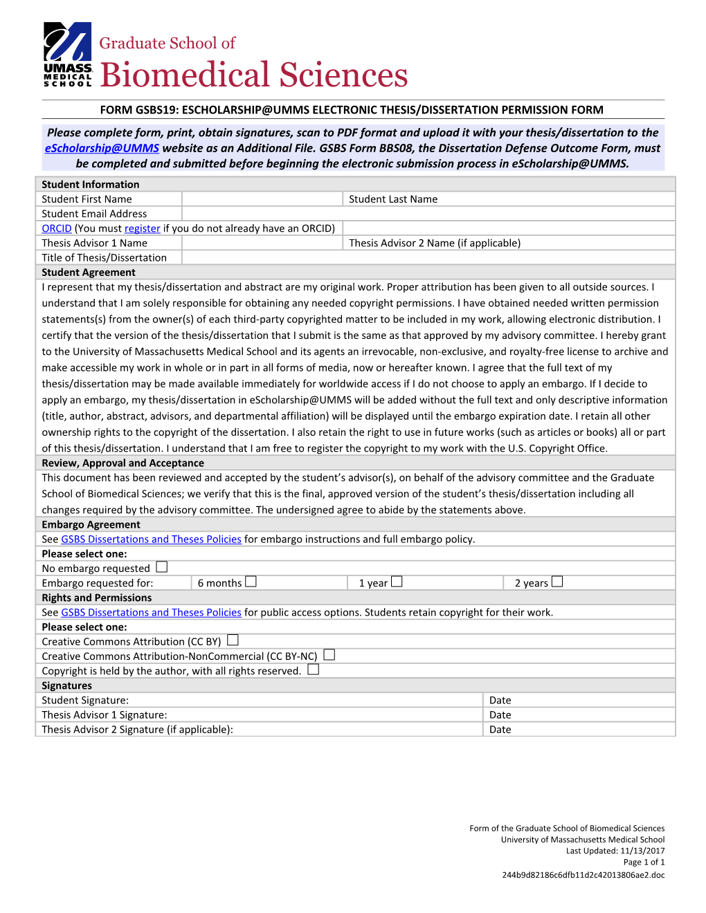 Form Gsbs19: Escholarship Umms Electronic Thesis/Dissertation Permission Form
