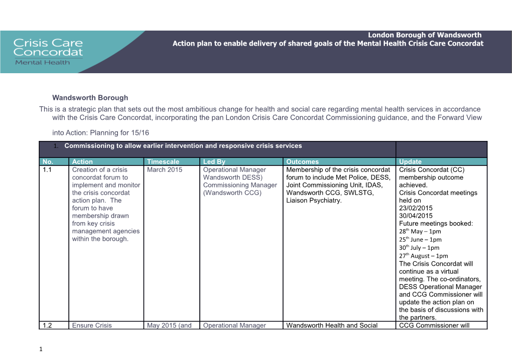 Action Plan to Enable Delivery of Shared Goals of the Mental Health Crisis Care Concordat