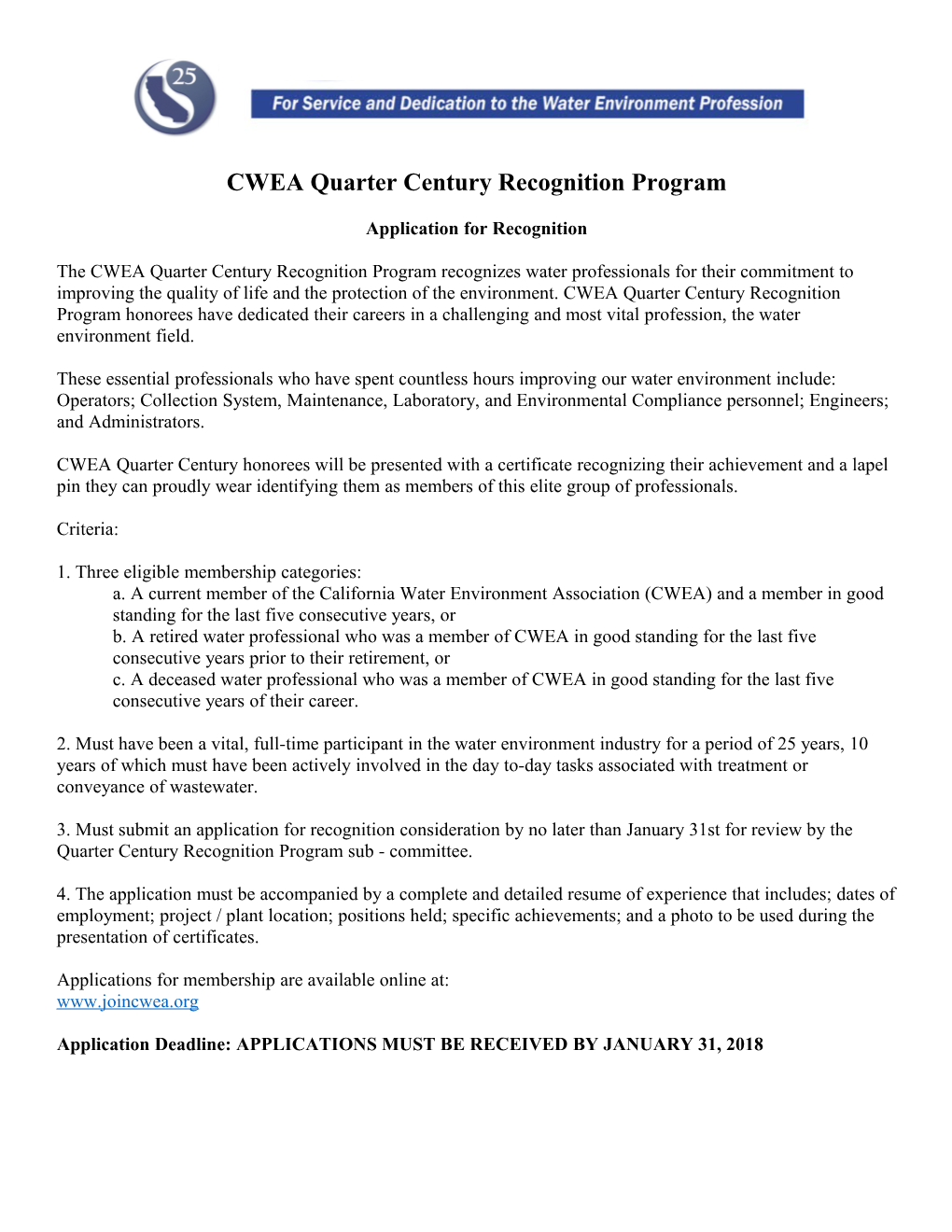 CWEA Quarter Century Recognition Program