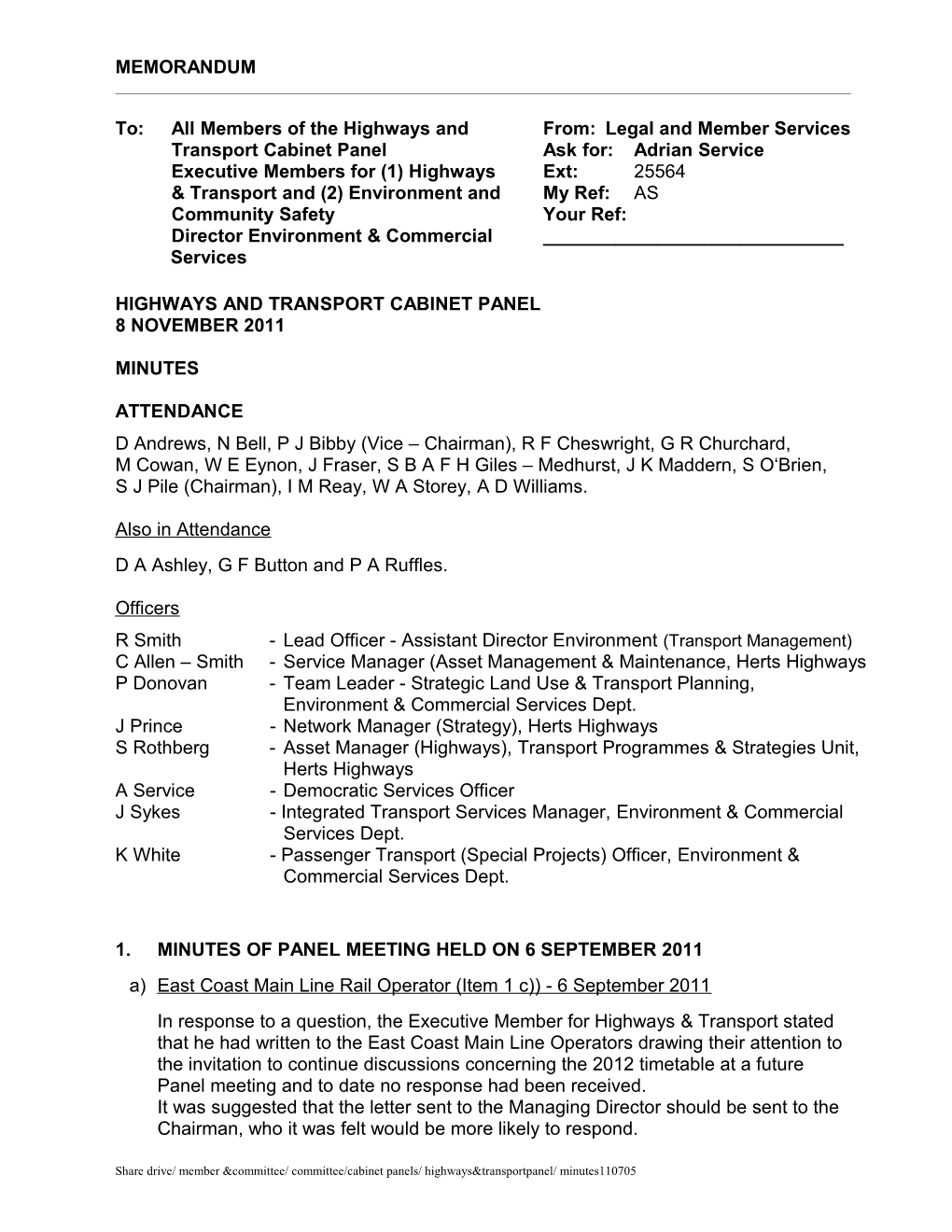 Highway and Transport Cabinet Panel Minutes - 7 September 2010