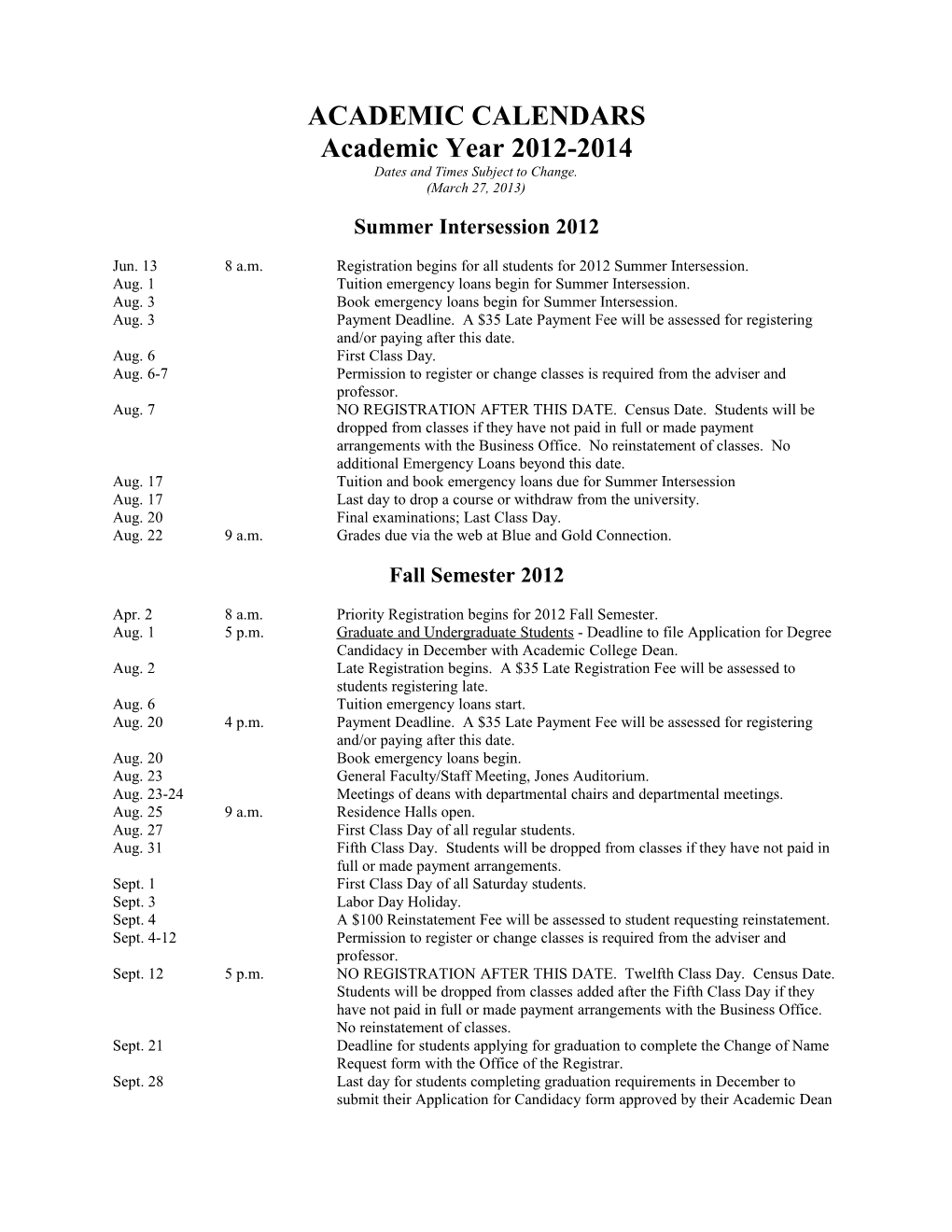 Academic Calendars