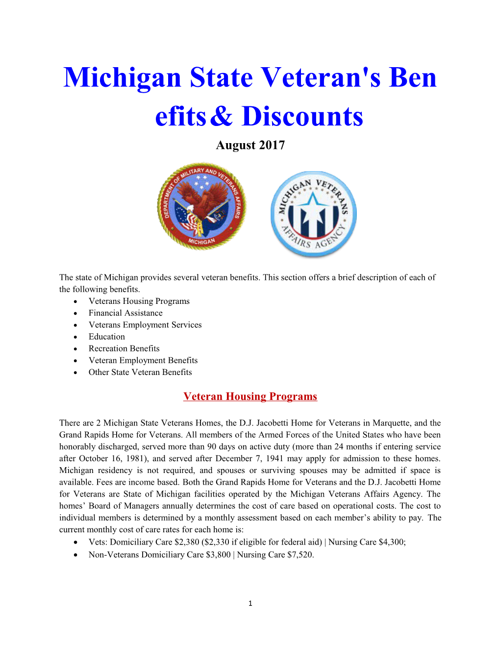 Michigan State Veteran's Benefits & Discounts