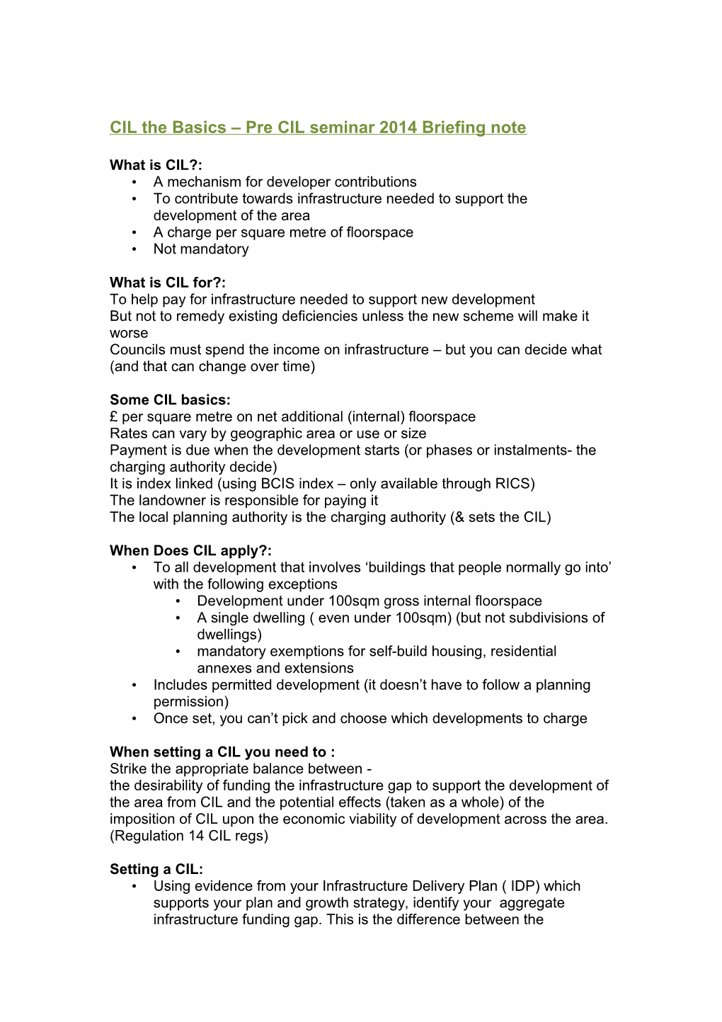 CIL the Basics Pre CIL Seminar 2014 Briefing Note