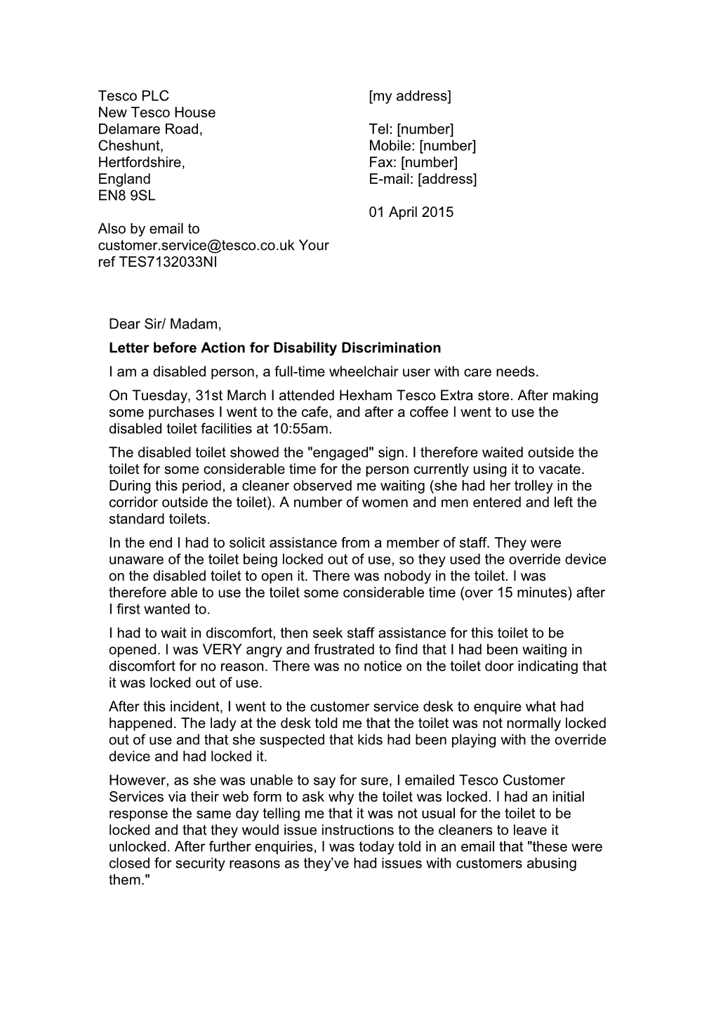 Letter Before Action for Disability Discrimination