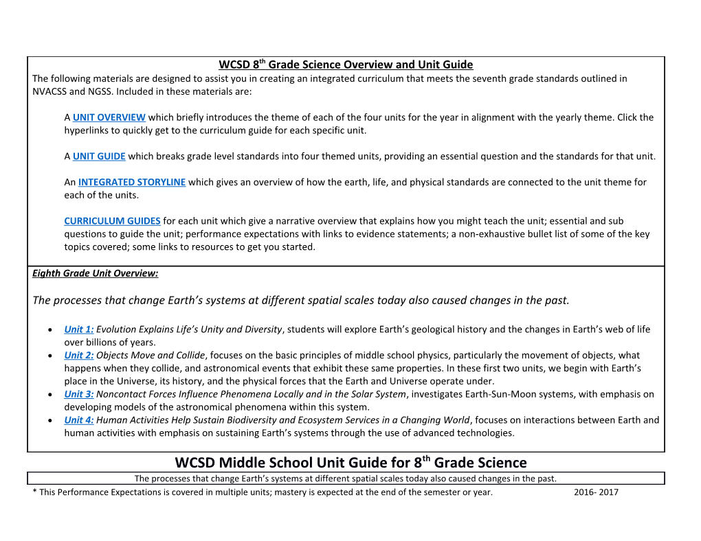 WCSD Middle School Unit Guide for 8Th Grade Science