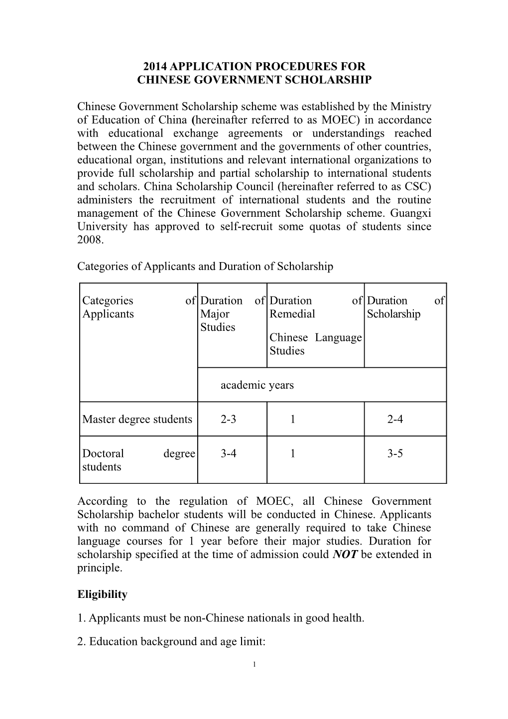 2014 Application Procedures for Chinese Government Scholarship