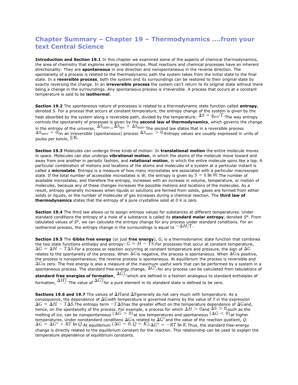 Chapter Summary Chapter 19 Thermodynamics from Your Text Central Science