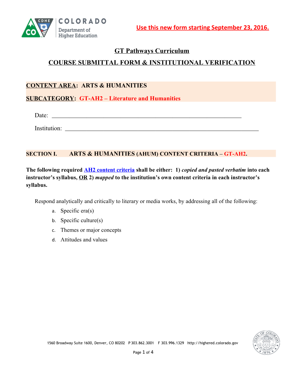 Course Submittal Form & Institutional Verification