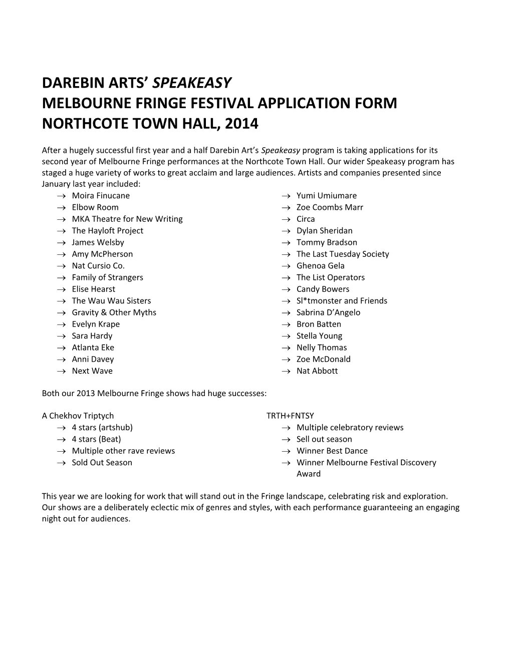 Melbourne Fringe Festival Application Form