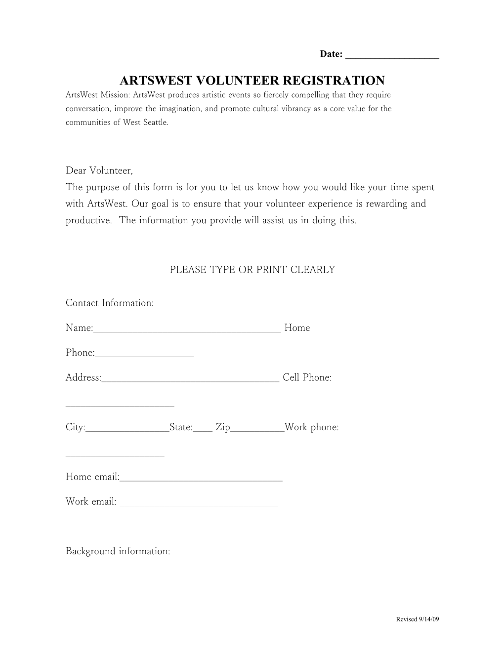 Artswest Volunteer Registration