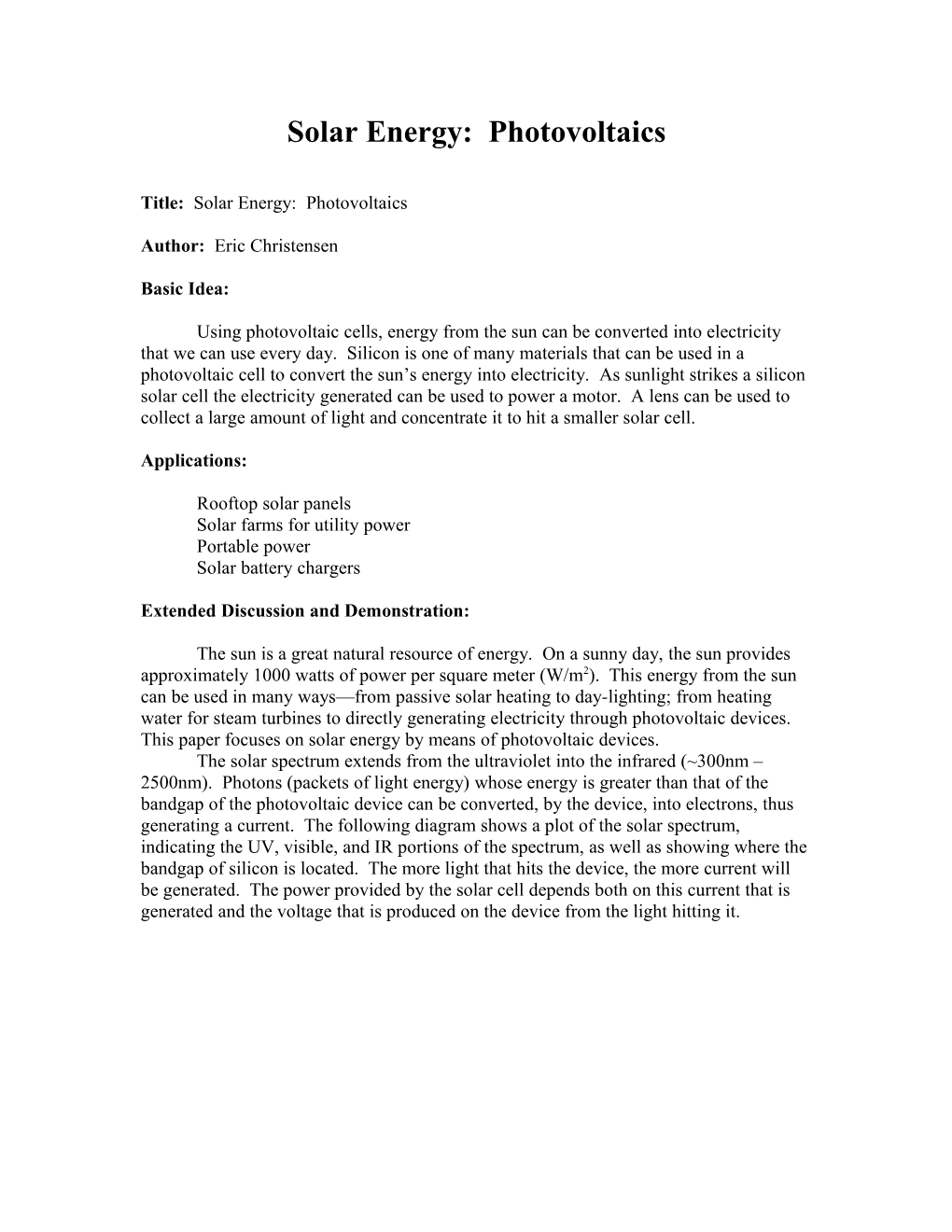 Solar Energy: Photovoltaics