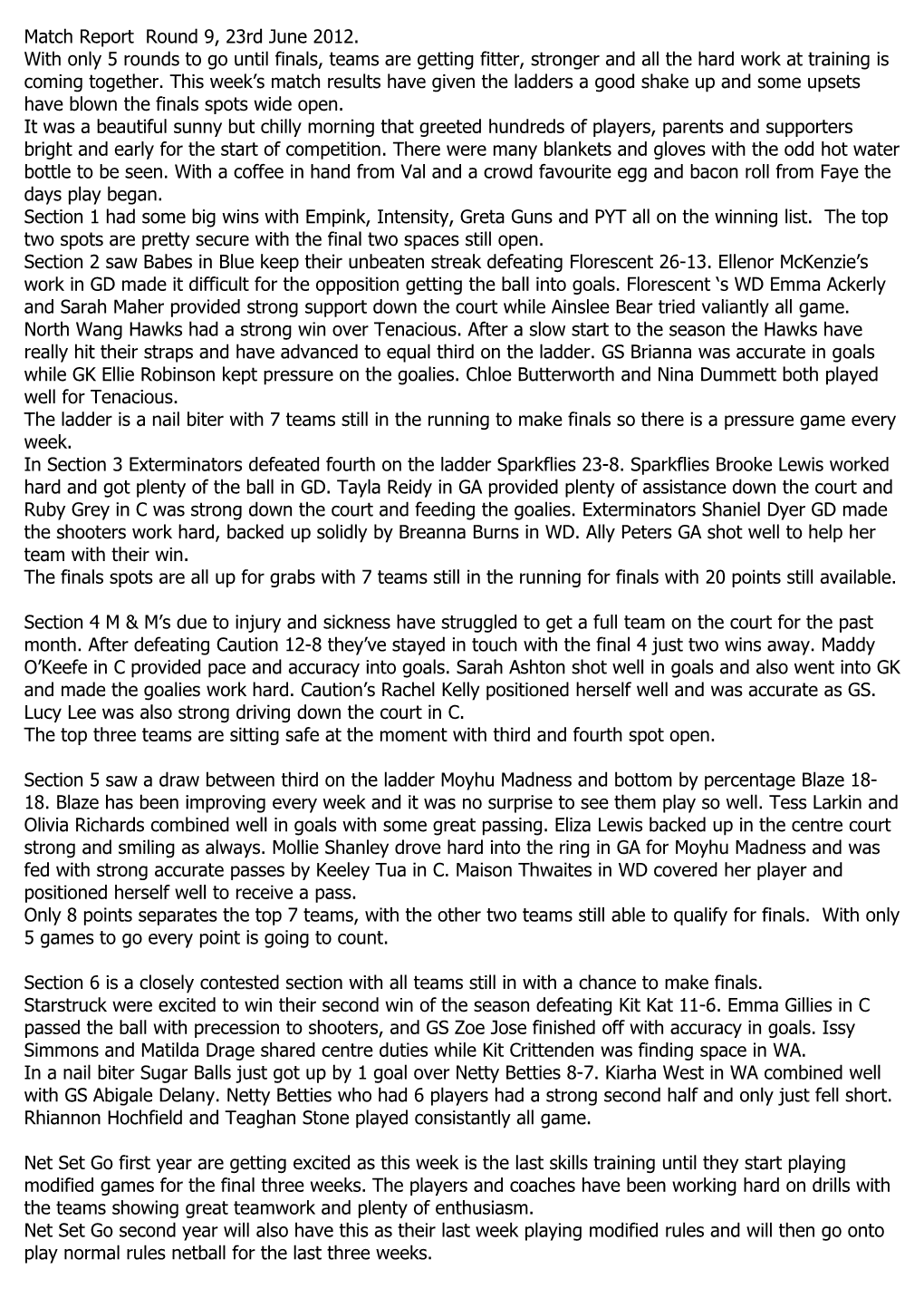 Match Report Round 9, 23Rd June 2012