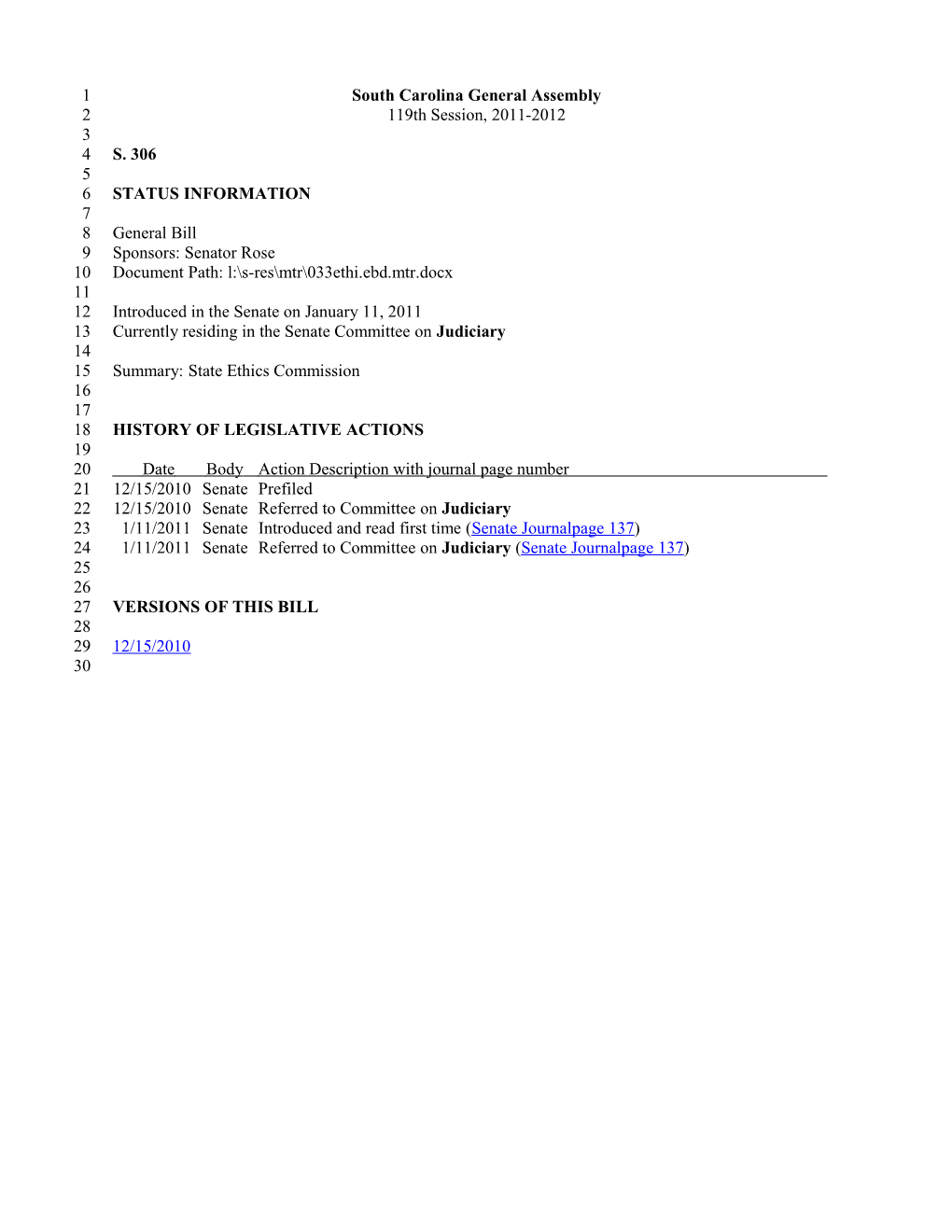2011-2012 Bill 306: State Ethics Commission - South Carolina Legislature Online