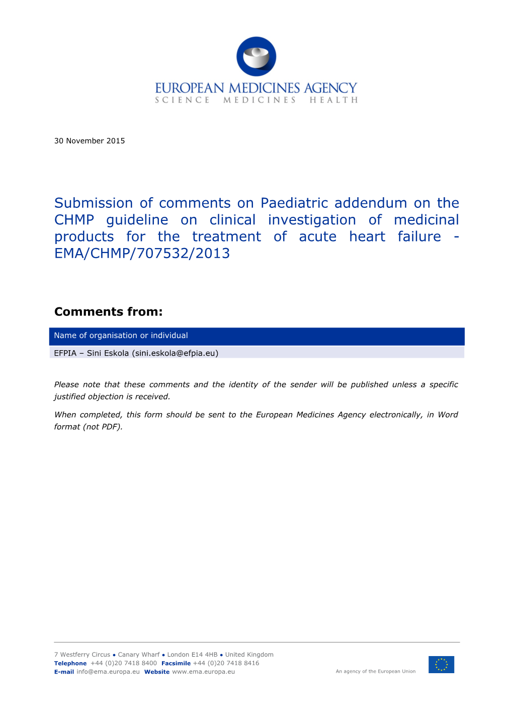 Form for Submission of Comments