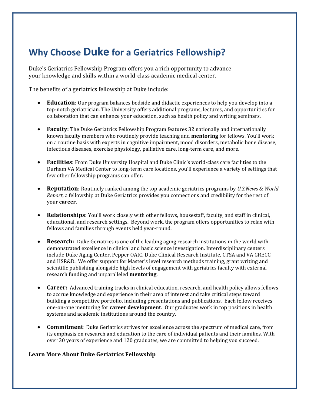 Why Choose Duke for a Geriatrics Fellowship?