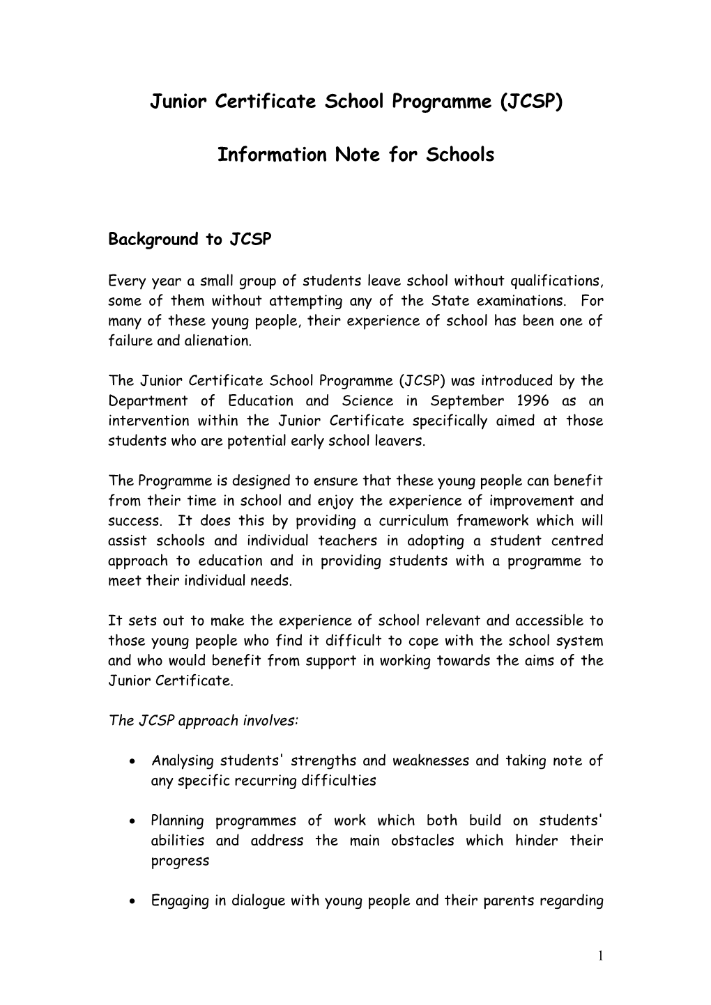 Junior Certificate School Programme (JCSP)
