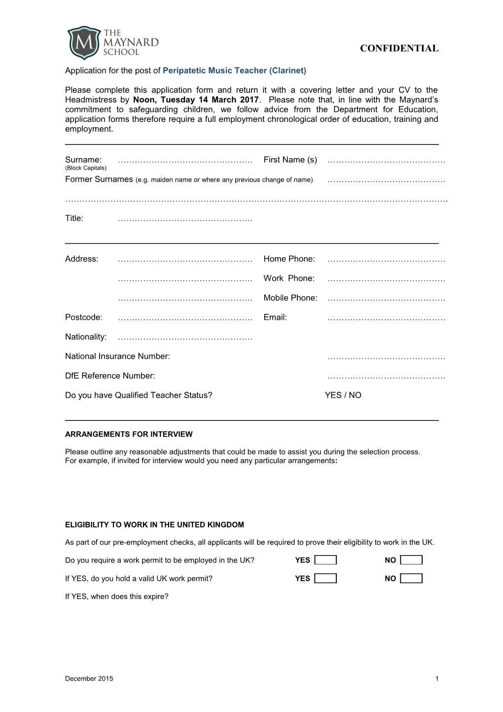 THE MAYNARD SCHOOL - Application Form