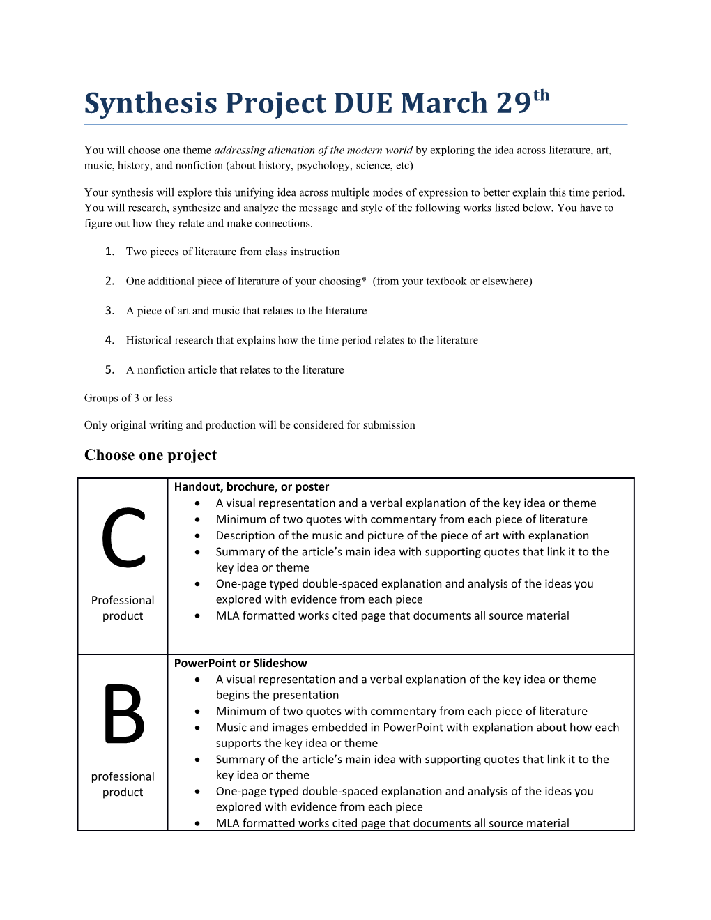 Synthesis Project DUE March 29Th