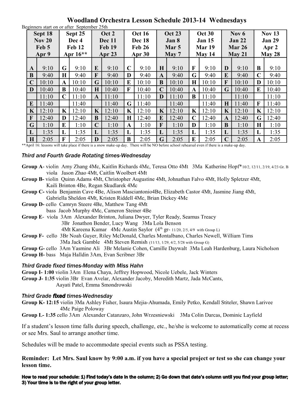 Woodland Orchestra Lesson Schedule 2010-11 Wednesdays