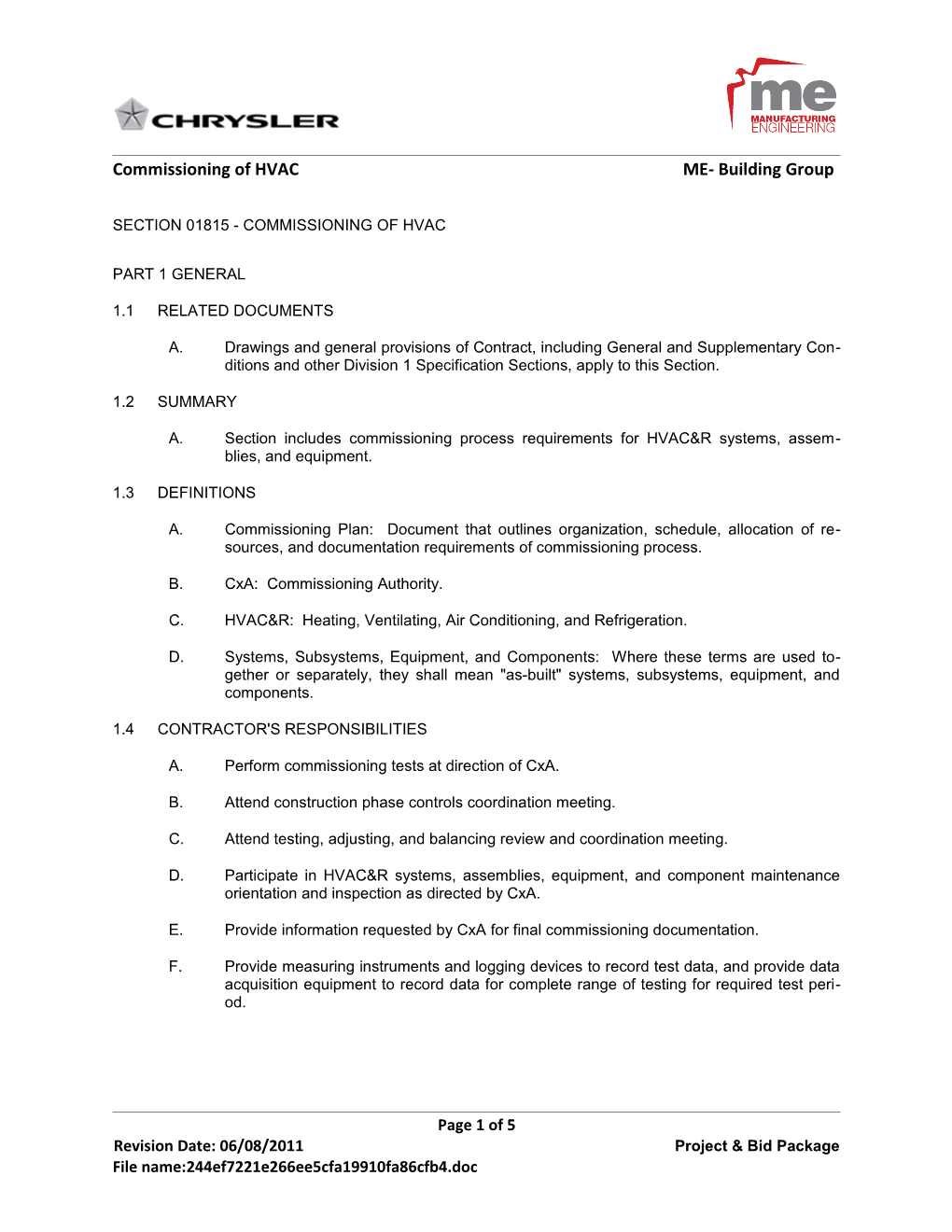 Section 01815 - Commissioning of Hvac