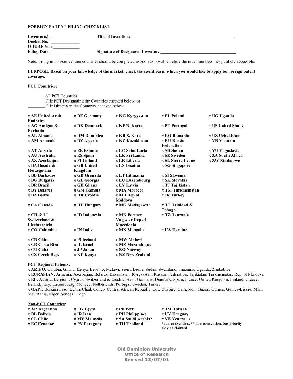 Foreign Patent Filing Checklist