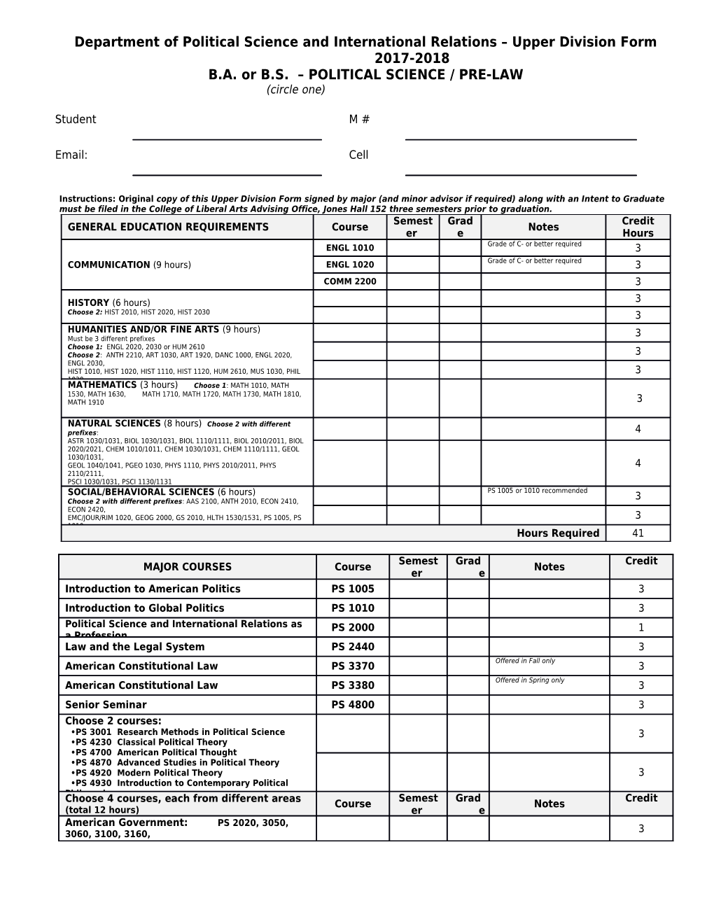 Department of Political Science and International Relations Upper Division Form 2017-2018