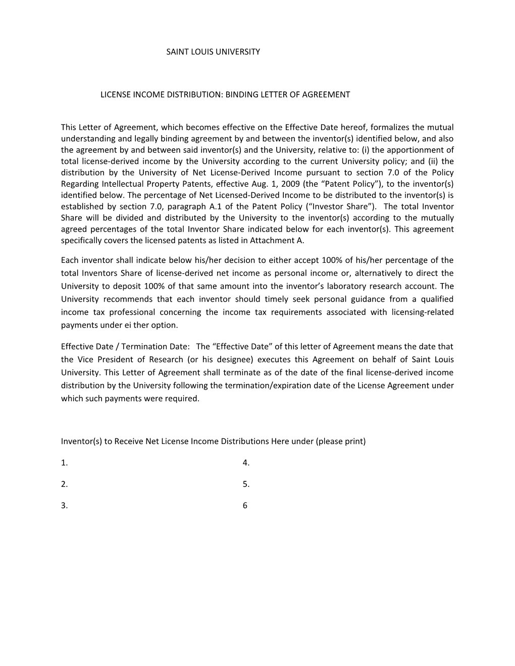 License Income Distribution: Binding Letter of Agreement