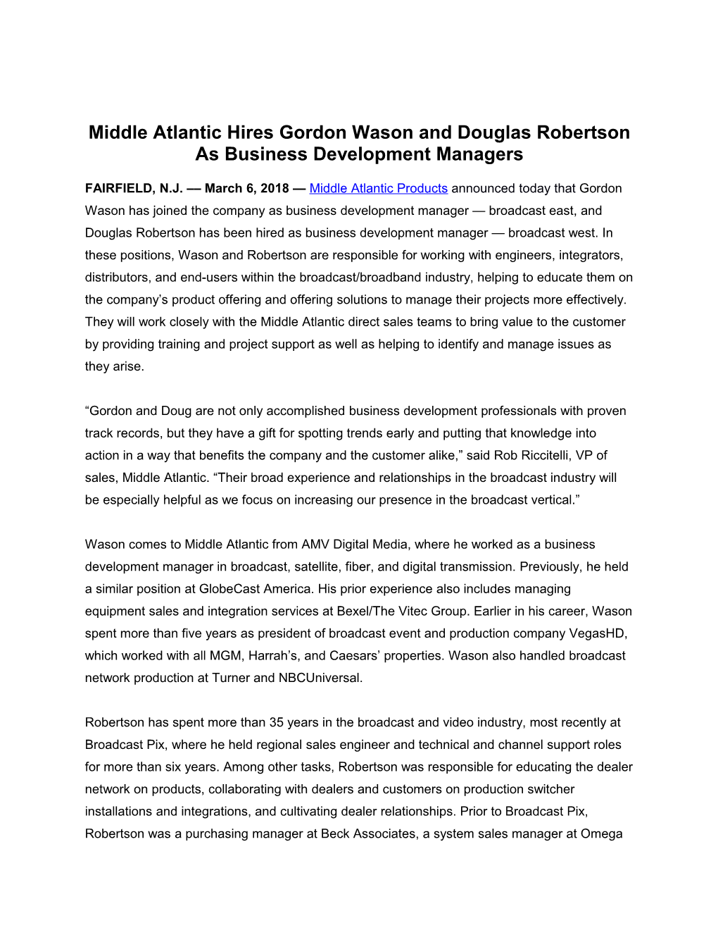 Middle Atlantic Hires Gordon Wason and Douglas Robertson As Business Development Managers