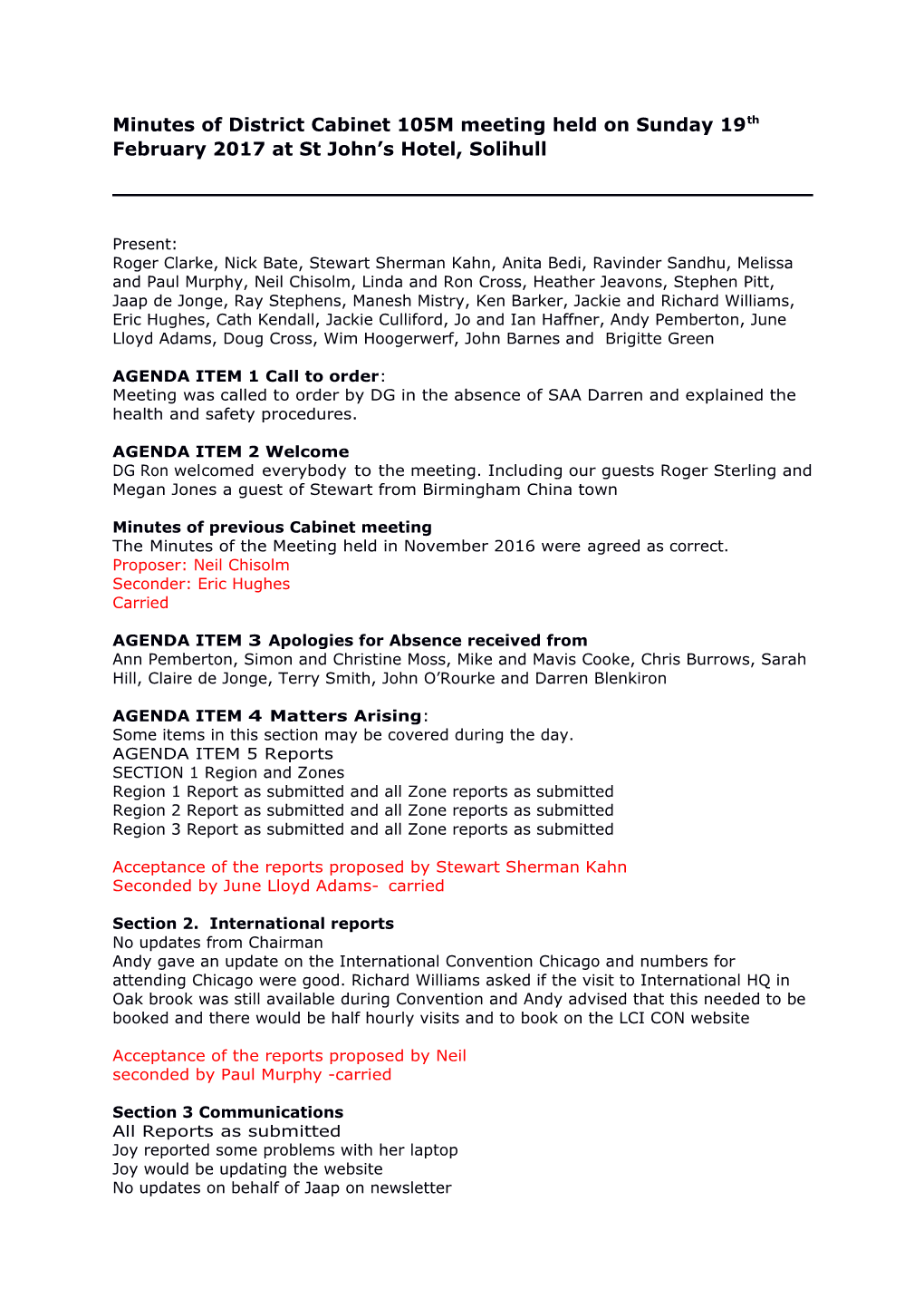 Minutes of District Cabinet 105M Meeting Held on Sunday 19Thfebruary 2017 at St John S