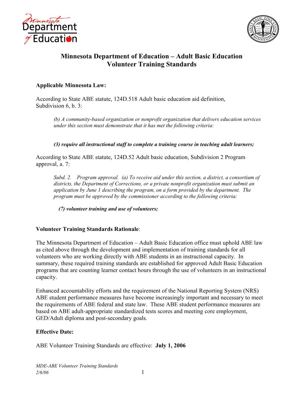 Minnesota Department of Education Adult Basic Education