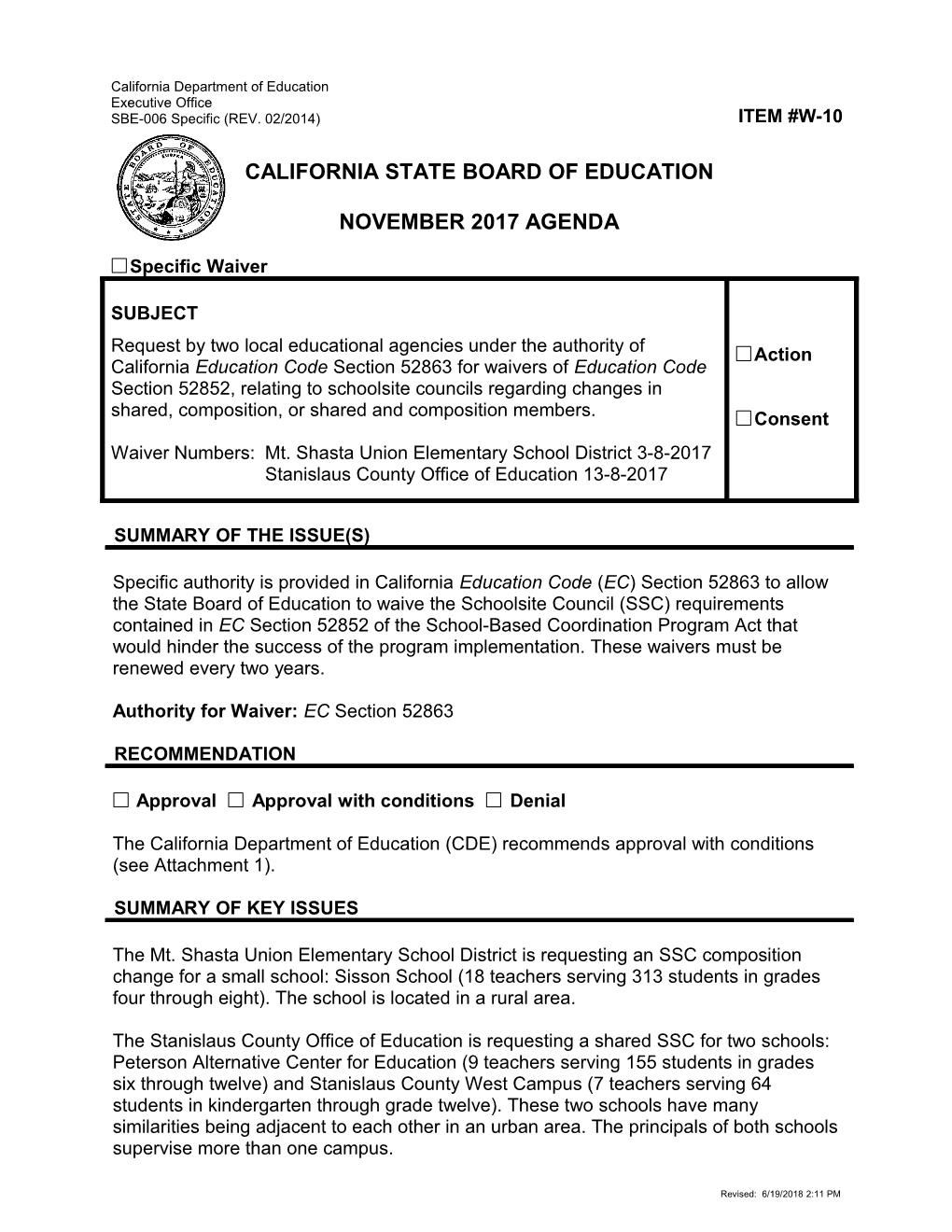 November 2017 Waiver Item W-10 - Meeting Agendas (CA State Board of Education)