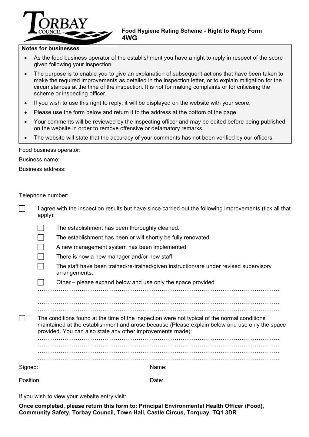 Food Hygiene Rating Scheme - Right to Reply Form