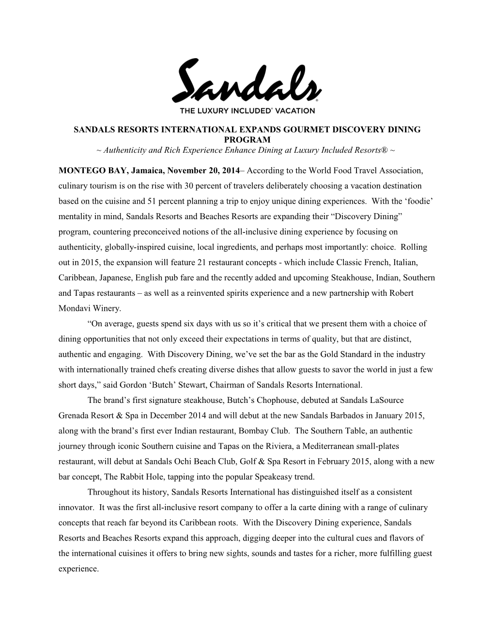 Sandals Resorts International Expands Gourmet Discovery Dining Program