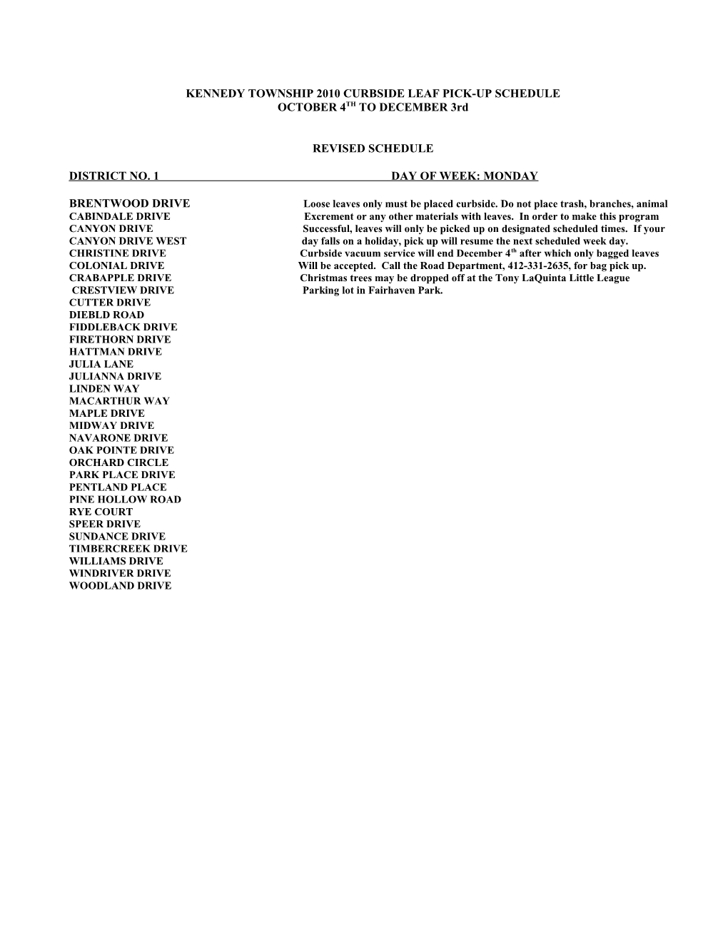 Kennedy Township 2009 Curbside Leaf Pick-Up Schedule