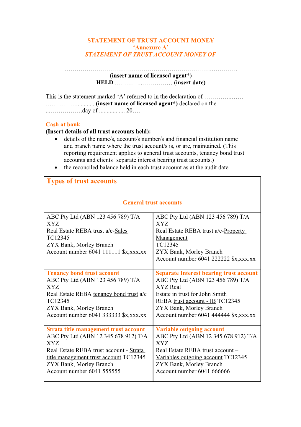 STATEMENT of TRUST ACCOUNT Money