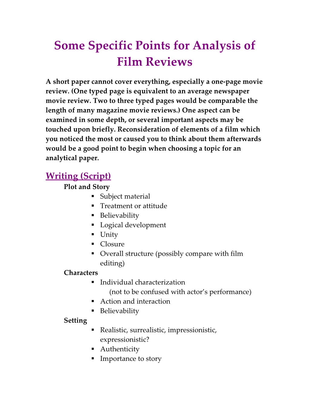 Some Specific Points for Analysis of Film Reviews