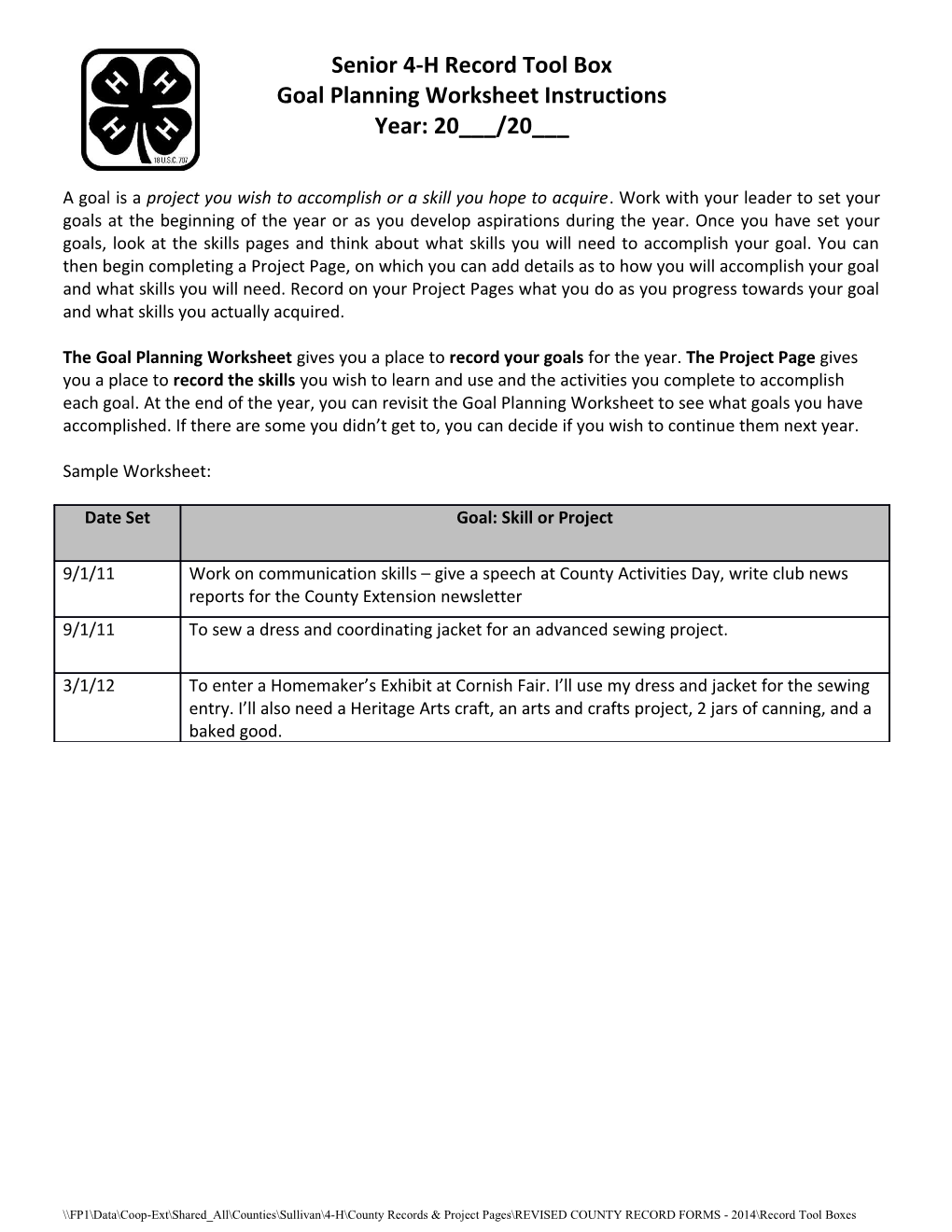Goal Planning Worksheet Instructions