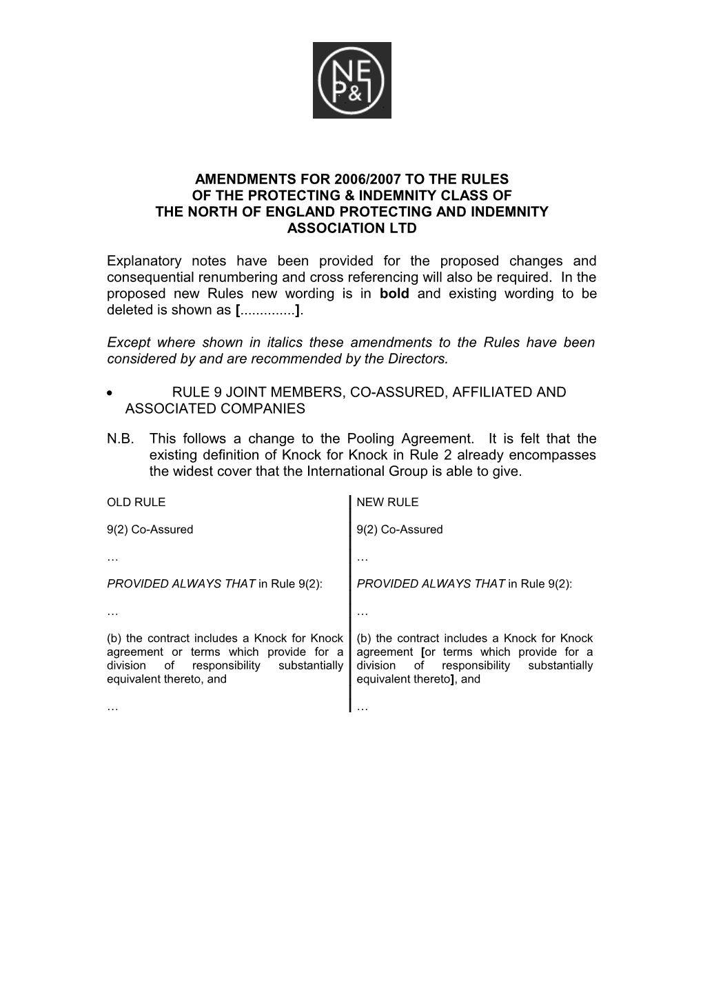 Amendments for 2006/2007 to the Rules