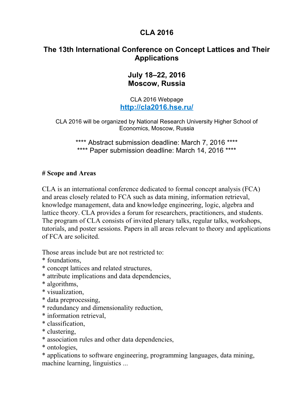 CLA 2016 Will Be Organized by National Research University Higher School of Economics