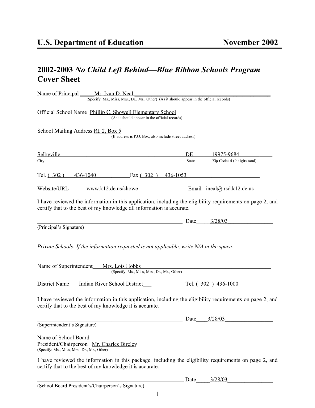 Phillip C. Showell Elementary School 2003 No Child Left Behind-Blue Ribbon School (Msword)