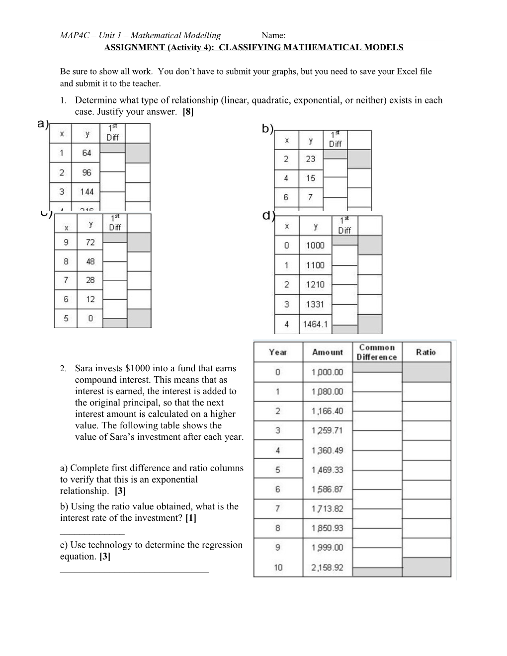 ASSIGNMENT (Activity 4): CLASSIFYING MATHEMATICAL MODELS