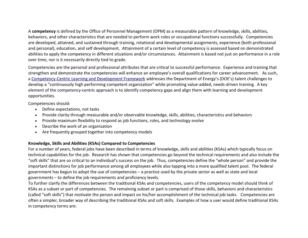 A Competency Is Defined by the Office of Personnel Management (OPM) As a Measurable Pattern